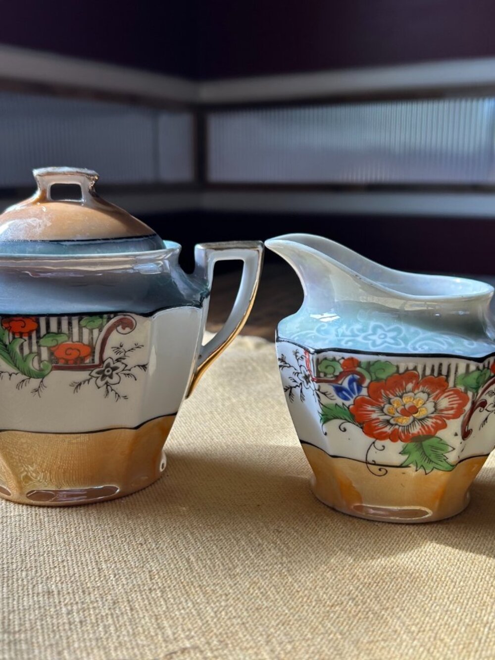 Vintage Japanese  Lusterware  Creamer / sugar bowls  set featuring  hand painted